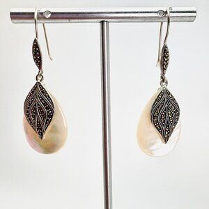 Sterling Silver 925 BJJ Marcasite Mother of Pearl Leaf Design Dangle Earrings 2"